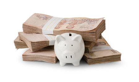 Piggybank and money tower on white background.の写真素材