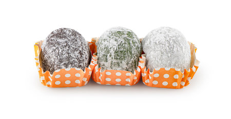 Strawberry Mochi or Ichigo Daifuku is mochi with a different twist. This traditional Japanese snack contains whole strawberries covered in sweet red bean paste. isolated on white, clipping pathの写真素材