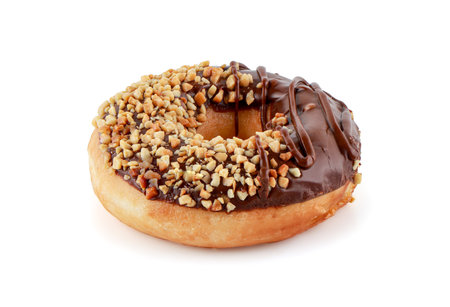 Donut or Doughnut isolated on white background with clipping path, Two Donuts or Doughnuts with chocolate brown glazed cream or icing without sprinkles. Dessert on birthday, holiday party.の写真素材