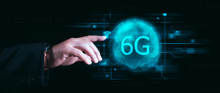 Businessman holding global network connection on 6G technology and futuristic advancement, future technology 6G network internet of things connection communication, high-speed internet network signal.の写真素材