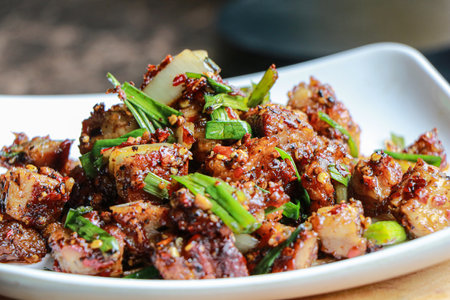 Stir fried Crispy Pork with black pepper , close-up view.