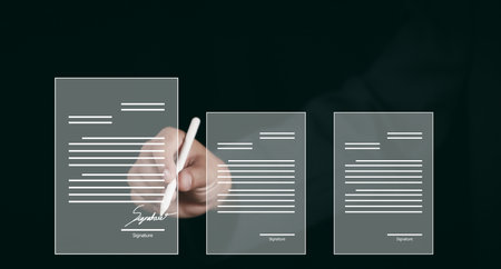 Electronic signature business concept. Businessman signs an electronic document, business approved, executing plan, project approved. Digital signature. Electronic documents, digital business, online.の写真素材