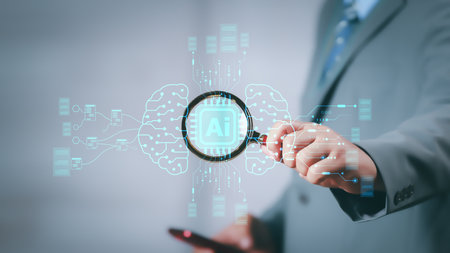 AI Technology. Businessman touch brain working data and Algorithm of Artificial Intelligence in the future business and coding software development synchronize network connection, Data science.の写真素材