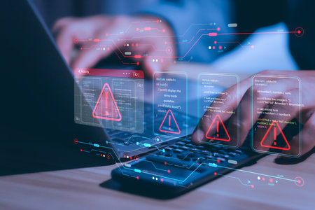 Businessman working on laptop computer at office with exclamation alarm caution warning notification mark sign, computer virus detected, personal data protection, network security conceptの写真素材