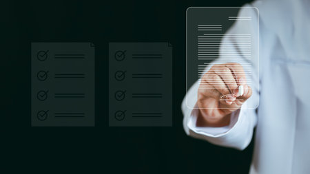 Check list concept.Medical worker with online checklist survey, filling out digital form checklist,...