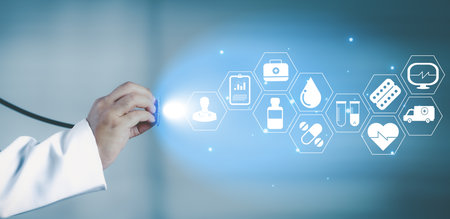 Medical technology, online health network, telemedicine concept. Doctor holding stethoscope with medical technology internet network connection, healthcare and medicine, hospital backgroundの写真素材