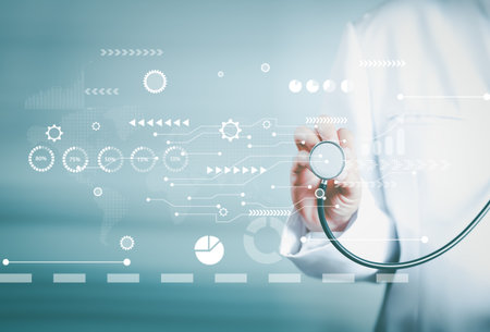 Medical technology, online health network, telemedicine concept. Doctor holding stethoscope with medical technology internet network connection, healthcare and medicine, hospital backgroundの写真素材