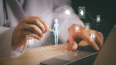 Medical technology, online health network, telemedicine concept. Doctor holding stethoscope with...