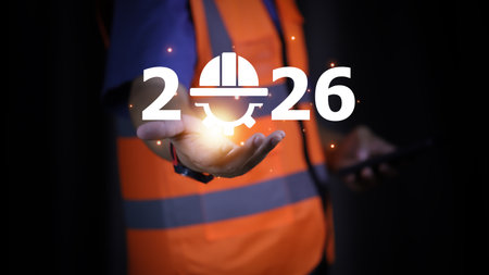 An engineer holding a phone with the year 2026 and a digital safety helmet icon. This image...