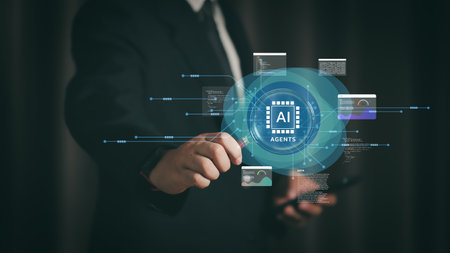 User analyzing AI agent performance data on mobile device, infographic charts, digital icons,...