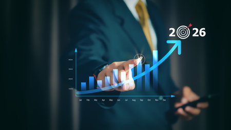 Businessman launching startup rocket icon toward 2026 target, representing business growth, innovation, future strategy, goal achievement, and success planning in digital transformation.の写真素材