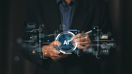 Businessman using smartphone with AI technology interface. Future digital data analysis and business strategy concept with virtual charts, network connection and modern growth graphs.の写真素材