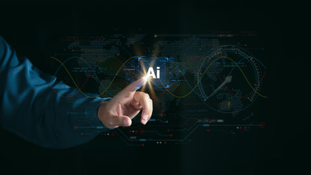 Businessman touching virtual AI icon. Future artificial intelligence technology concept with digital data background, machine learning, and global smart business network innovation.の写真素材