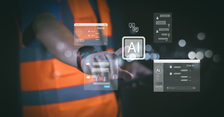 Industrial engineer interacting with artificial intelligence interface and digital chat bot on...