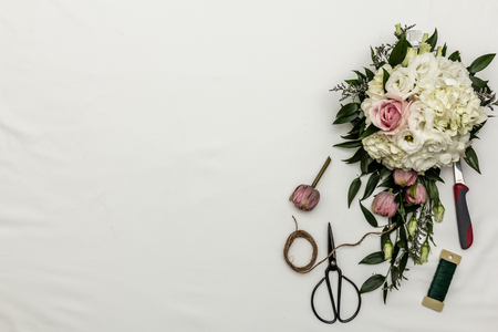 flower arranging flat lay with toolsの写真素材