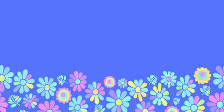 Seamless floral border design repeating on left and right sides. Flowers in pastel colours against a blue background.のイラスト素材