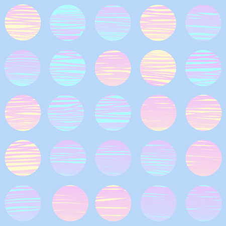 Seamless repeating pattern of colourful circles with lines against a blue background.のイラスト素材