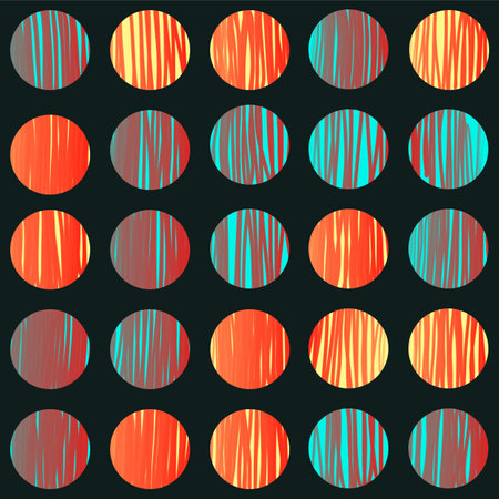Seamless repeating pattern of colour circles with lines against a dark background.のイラスト素材