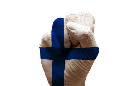 man hand fist painted country flag of finlandの写真素材