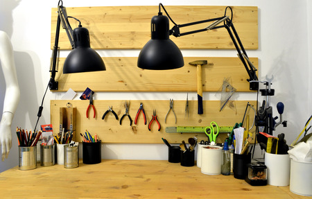 craftsman workshop homemade wooden workbench with tools