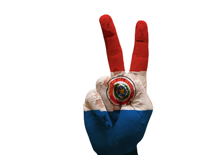 grunge painted hand making the V sign isolated over white backgroundの写真素材