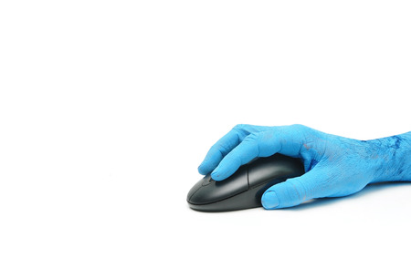 man painted blue using a mouse over white backgroundの写真素材