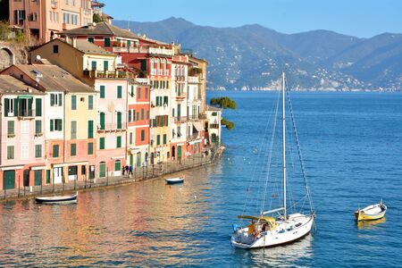 portofino liguria Italy Mediterranean Sea shore with boatsのeditorial素材