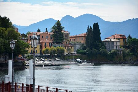 Varenna town italy como lake harbor boatsのeditorial素材