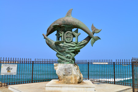 Rethymno city Greece dolphins statue landmark architectureの写真素材