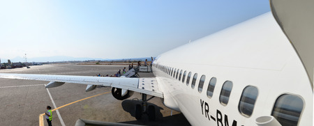 HERAKLION, GREECE - 08.10.2016: airport people plane boarding process