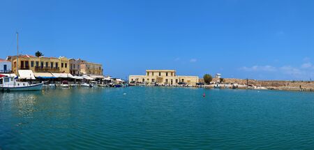 RETHYMNO, GREECE - 08.09.2016: old venetian harbour with boats panorama viewのeditorial素材