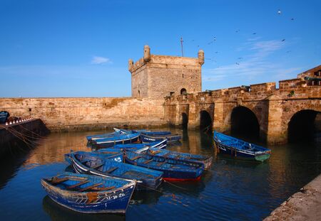ESSAOUIRA, MOROCCO - 12.29.2014: Blue fishing boats in the harbour of Essaouiraのeditorial素材