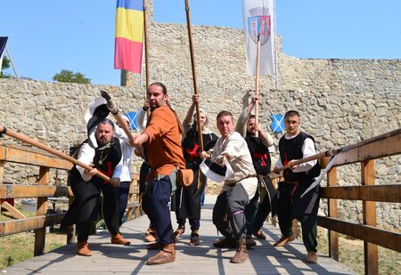 DROBETA TURNU SEVERIN, ROMANIA - 09.02.2017: Medieval Festival medieval pikemen warrior reenactorのeditorial素材