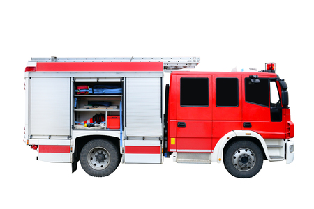 Firefighters truck fire rescue vehicle isolated over whiteの写真素材