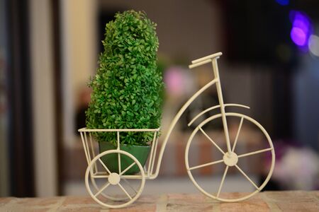 Garden ornament white bicycle with a a basket of green plantの写真素材