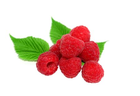 Ripe Raspberries fruits with leaves over white background