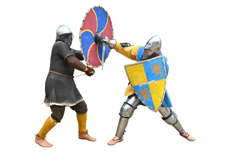 Medieval soldiers reenactment fight scene isolated on white backgroundの写真素材