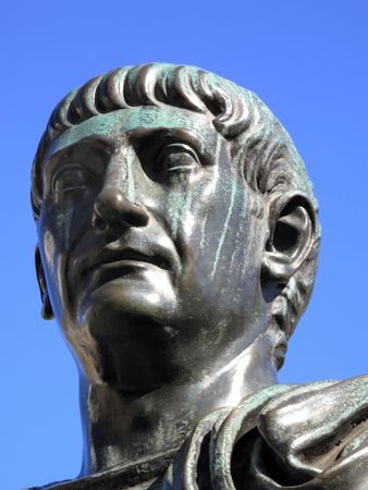 Head Of Trajan 53-117AD from a Roman Bronze statue situated at London Wall. Trajan was the thirteenth Roman emperor and the father of Emperor Hadrianの写真素材