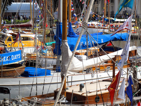 London, England, UK â September 12, 2010. Vintage classic boats taking part in the Thames Revival festival celebrating the golden days of sailing at St Katherine Dockのeditorial素材