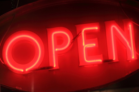 Red open neon sign sign at night の写真素材