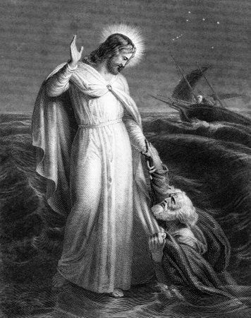 An engraved illustration image of Jesus Christ walking on the sea, from a Victorian book dated 1879 that is no longer in copyrightのeditorial素材