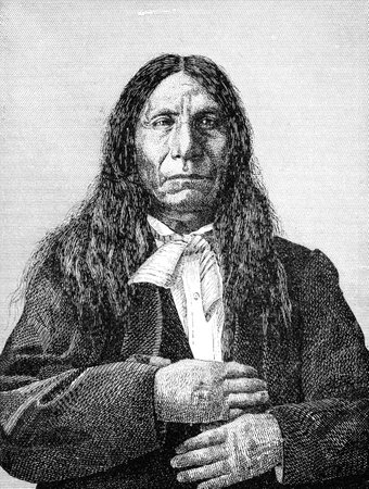 An engraved illustration of Red Cloud a native American Indian and a chief of the Sioux, from a Victorian book dated 1880 that is no longer in copyrightのeditorial素材