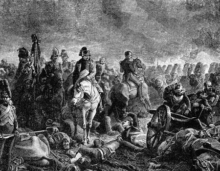 An engraved vintage illustration image of Napoleon Bonaparte with his army at the Battle of Waterloo, from a Victorian book dated 1883のeditorial素材