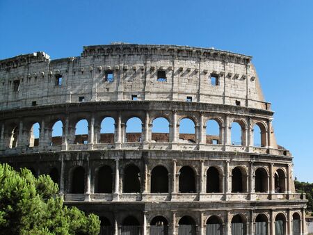 The ruin of the Colosseum in Rome, Italy built under the rule of Vespasian around 70-72 AD, which was an ancient gladiator amphitheatre the largest built in the Roman Empireの写真素材