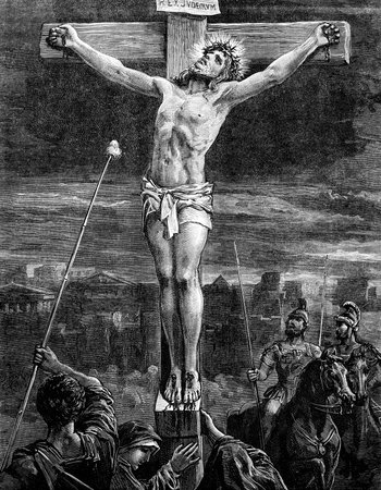 An engraved vintage illustration image of  The Crucifixion of Jesus Christ, from a Victorian book dated 1881 のeditorial素材