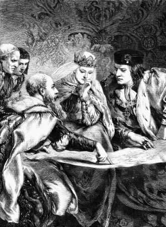 An engraved illustration of Christopher Columbus at the court of King Ferdinand and Queen Isabella, from a Victorian newspaper dated 1868 that is no longer in copyrightの写真素材