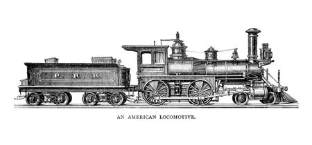 An engraved illustration image of a vintage American locomotive from a Victorian book dated 1883 An engraved illustration image of a vintage American locomotive from a Victorian book dated 1883