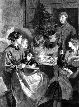 An engraved vintage family illustration of a husband bringing home a Christmas tree to his wife and children from a Victorian newspaper dated 1865 that is no longer in copyrightの写真素材