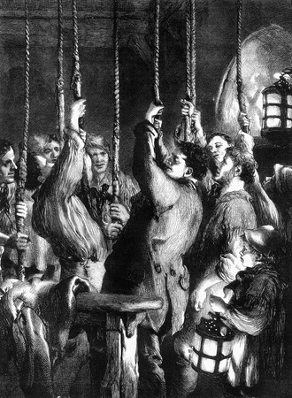 An engraved vintage illustration of bell ringers in a church belfry ringing in the New Year from a Victorian newspaper dated 1866 that is no longer in copyrightの写真素材