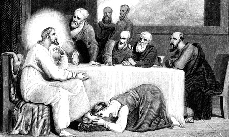 An engraved illustration image of  Mary Magdelane Washing The Feet Of Jesus Christ from a vintage Georgian book dated 1836の写真素材